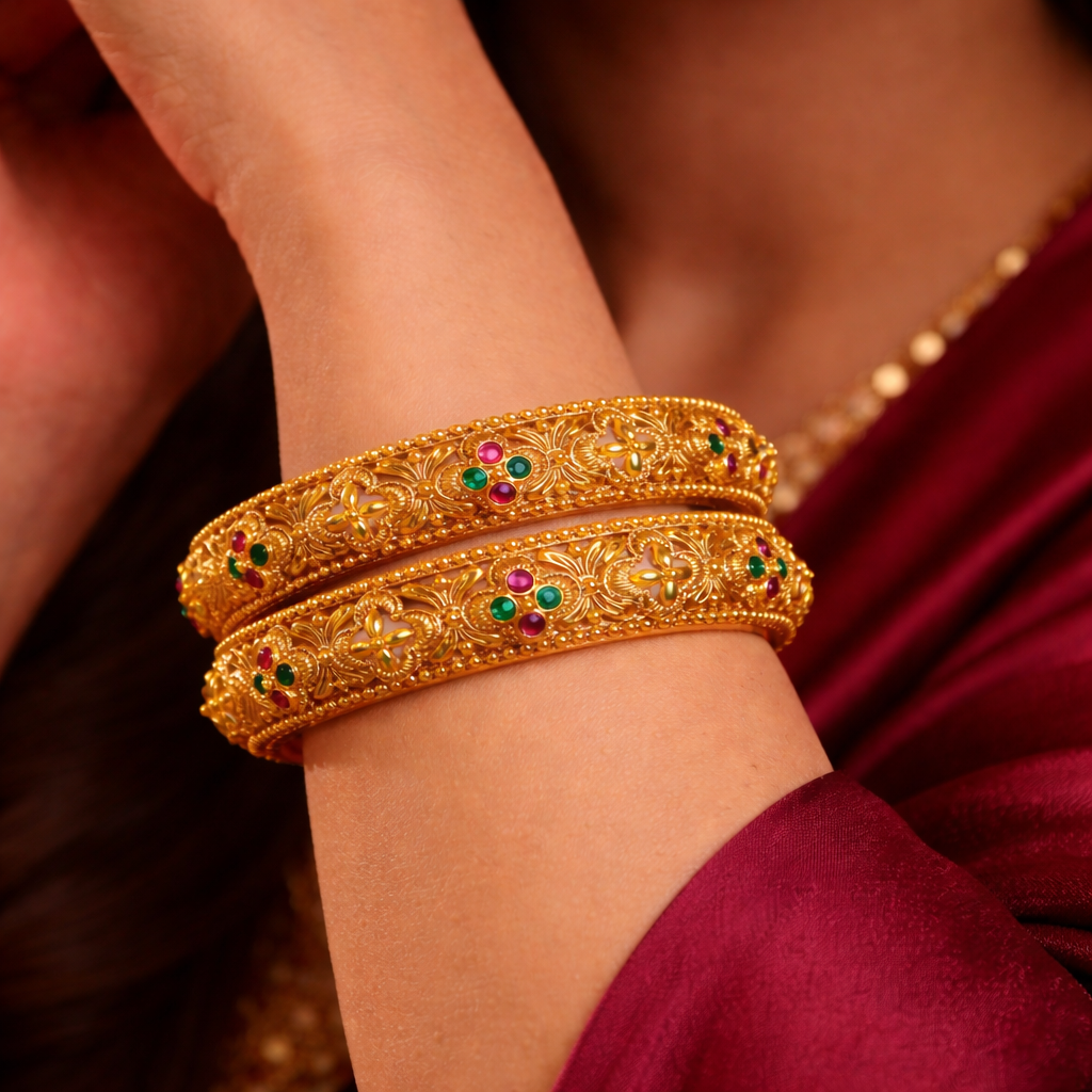 Ornate gold bangles with gemstones
