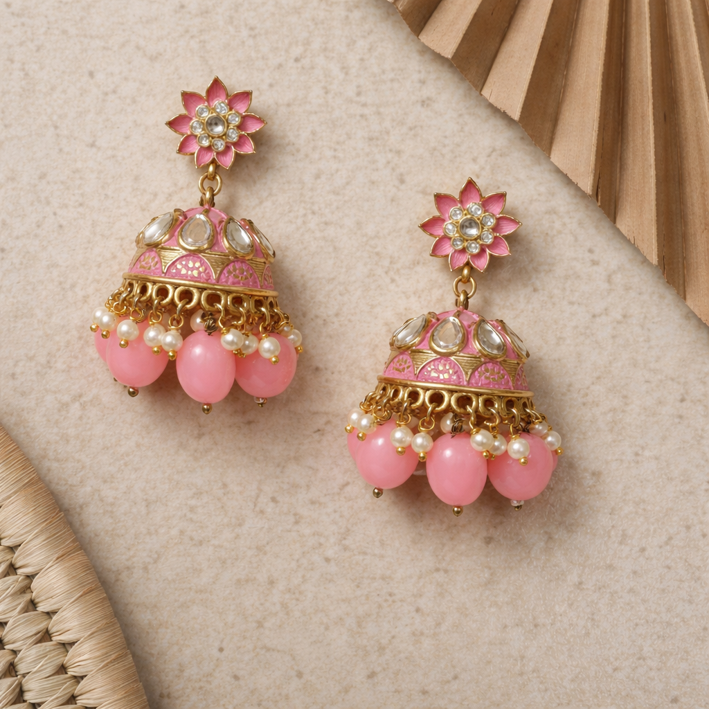 Studio Sukkhi pink gold-plated Kundan and Meenakari jhumka earrings