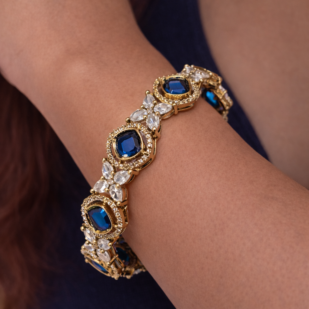 Ratnavali Jewels American Diamond Studded Gold Plated Traditional Sapphire Blue CZ Bangles