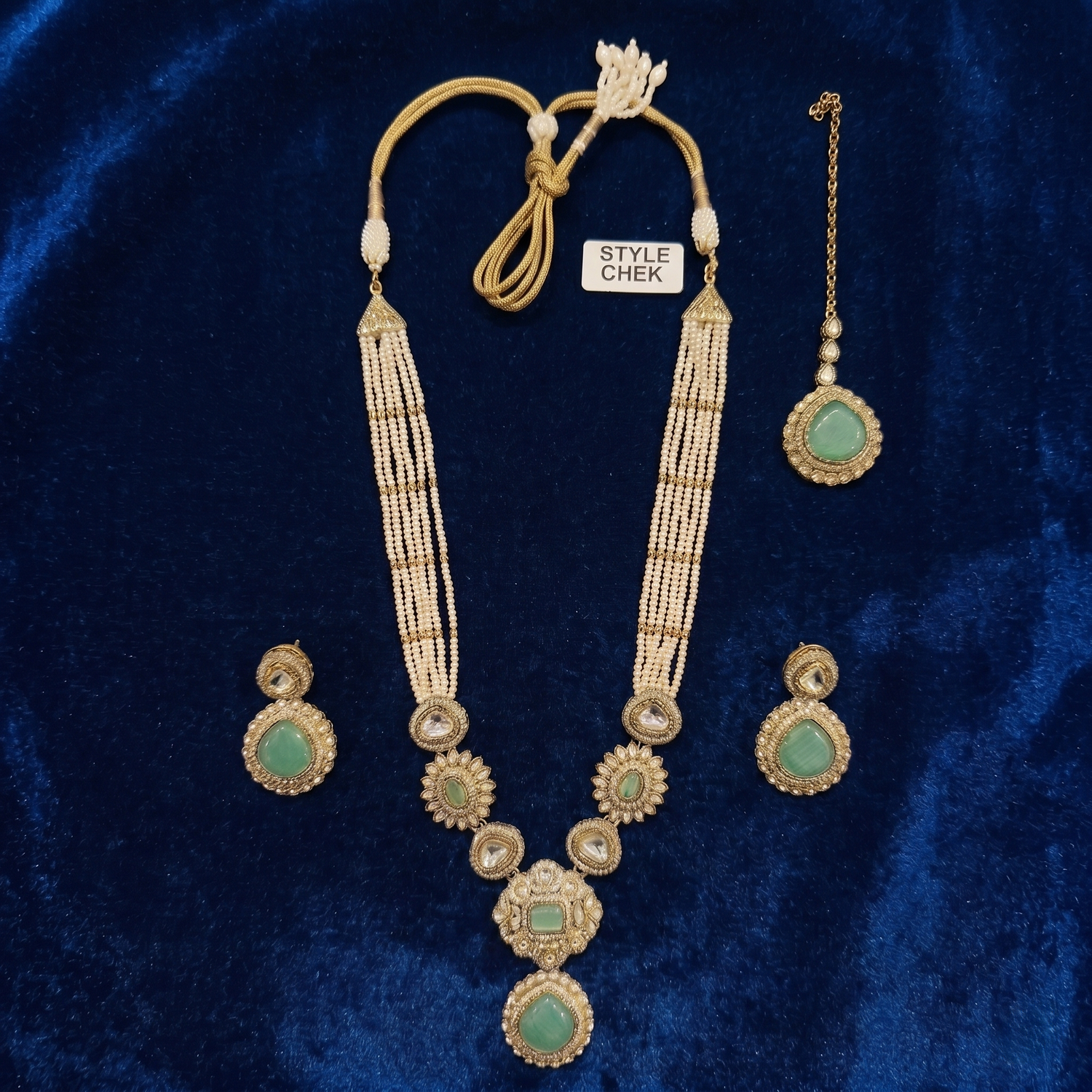 Zaveri Pearls Green Stones Multistrand Beaded Kundan Necklace Set