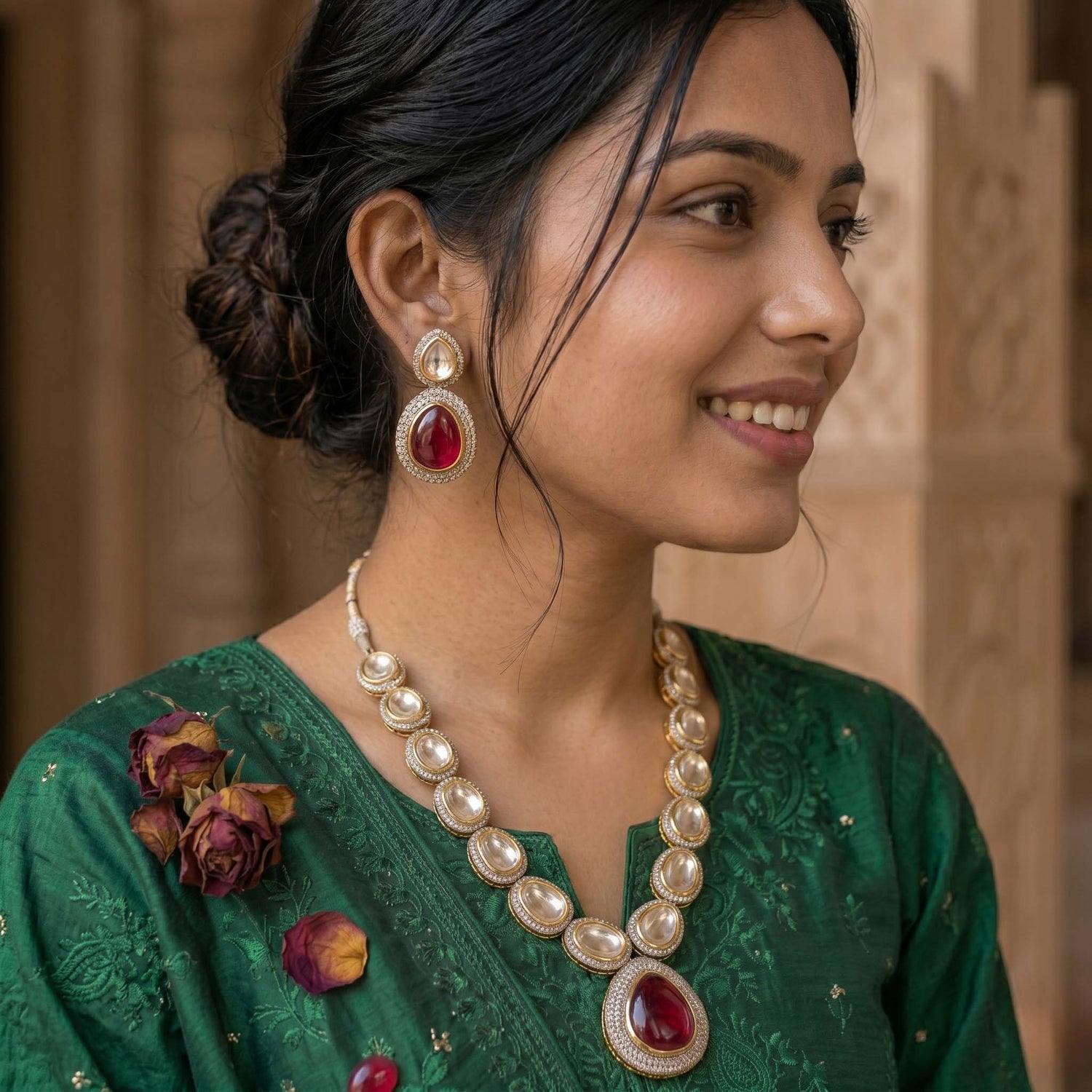 Gold-Plated Kundan-Studded Necklace & Earrings Set