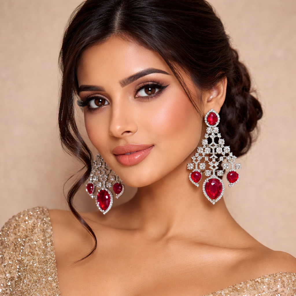 chandelier-style earrings featuring red stones and silver plating