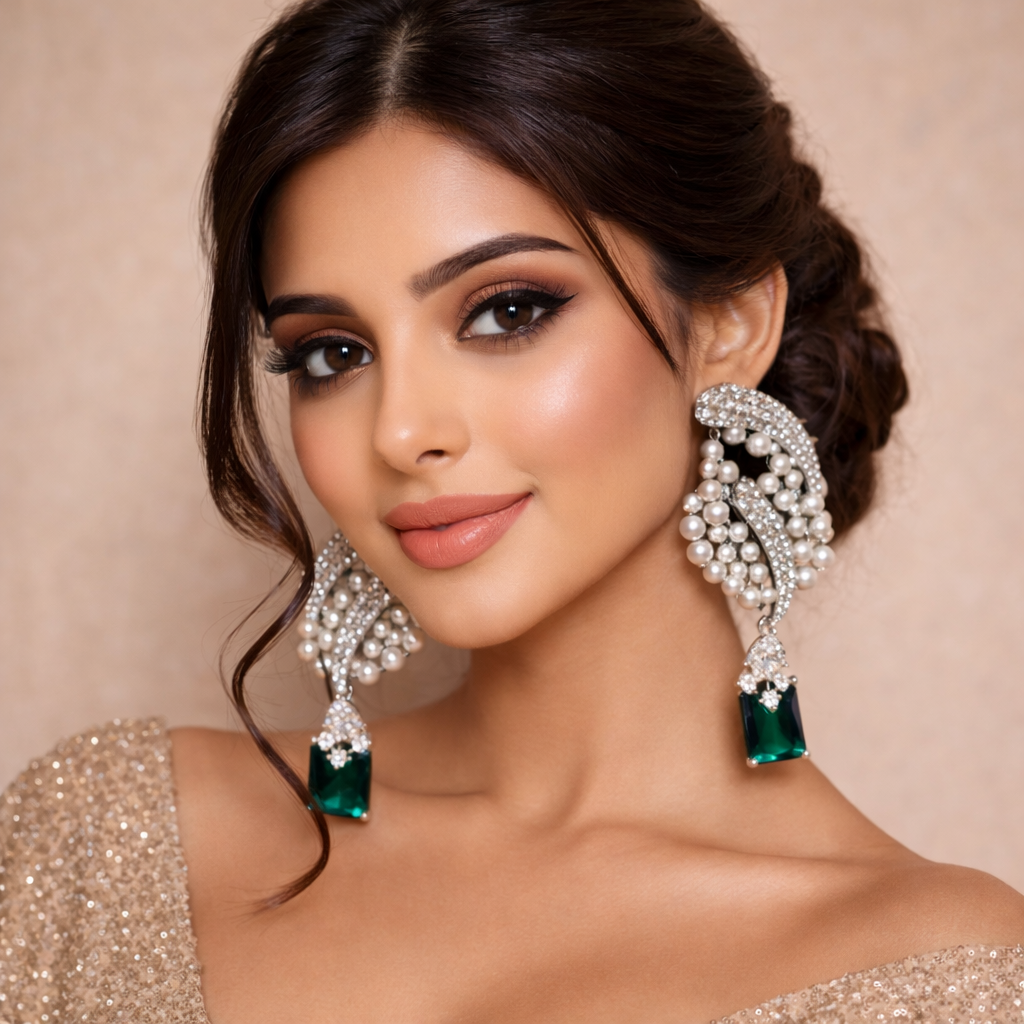 rhodium-plated earrings studded with cubic zirconia, pearls, and a large green stone