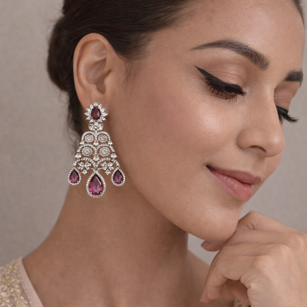 Rhodium Plated American Diamond Sparkling Dangle Earrings in silver with pink teardrop stones