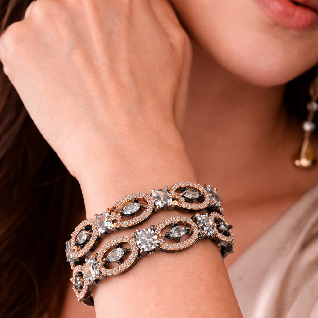 rose gold-plated bangles featuring studded American diamonds