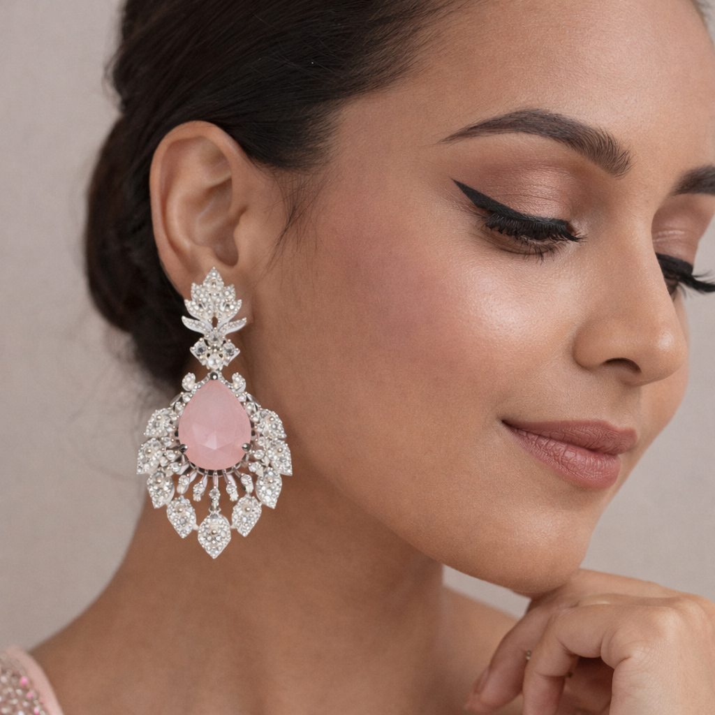 ZENEME pink rhodium-plated drop earrings