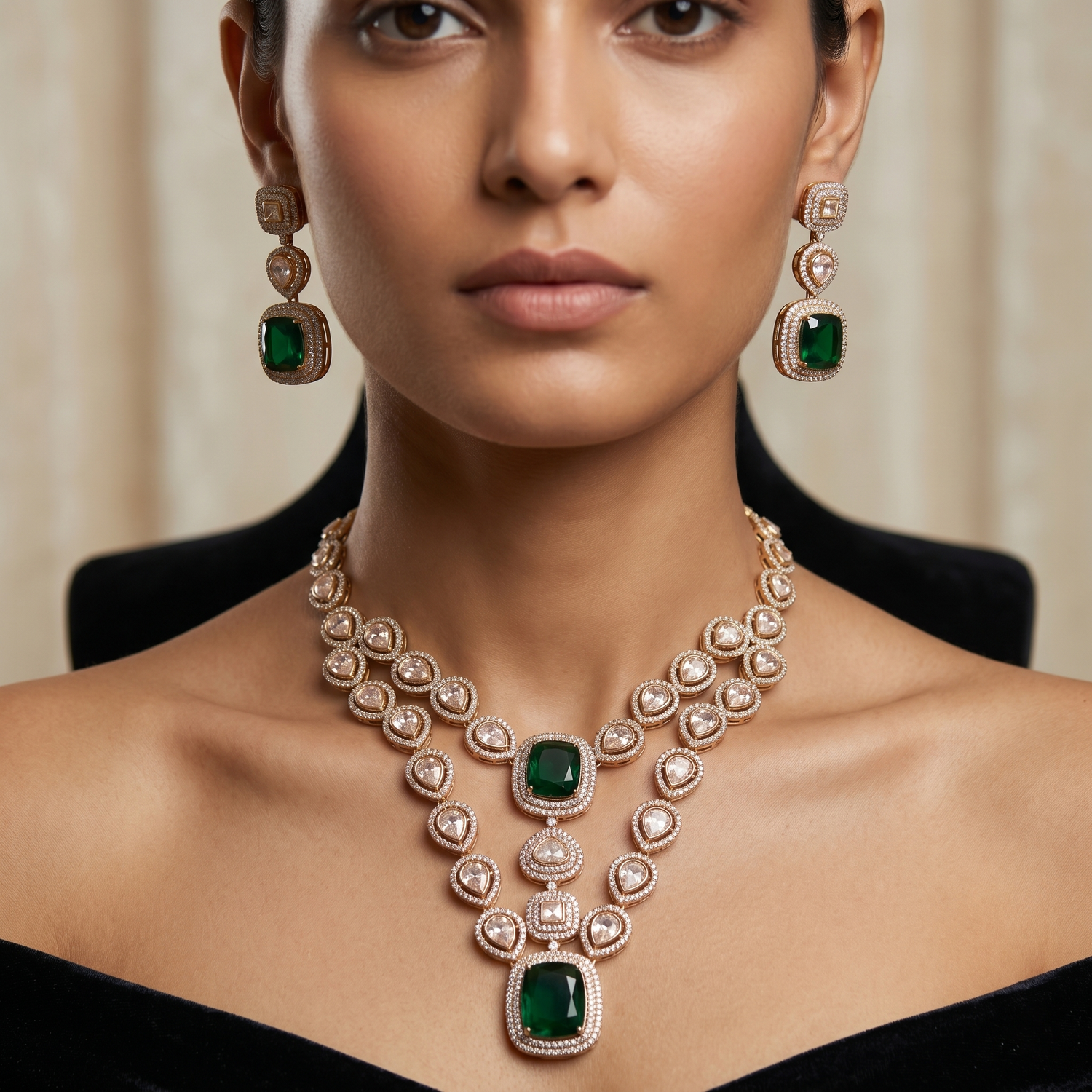 Gold-Plated Emerald Kundan & Cubic Zirconia-Studded & Beaded Jewellery Set