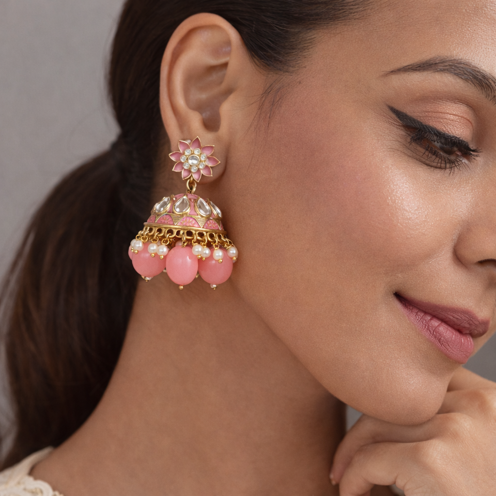 Studio Sukkhi pink gold-plated Kundan and Meenakari jhumka earrings