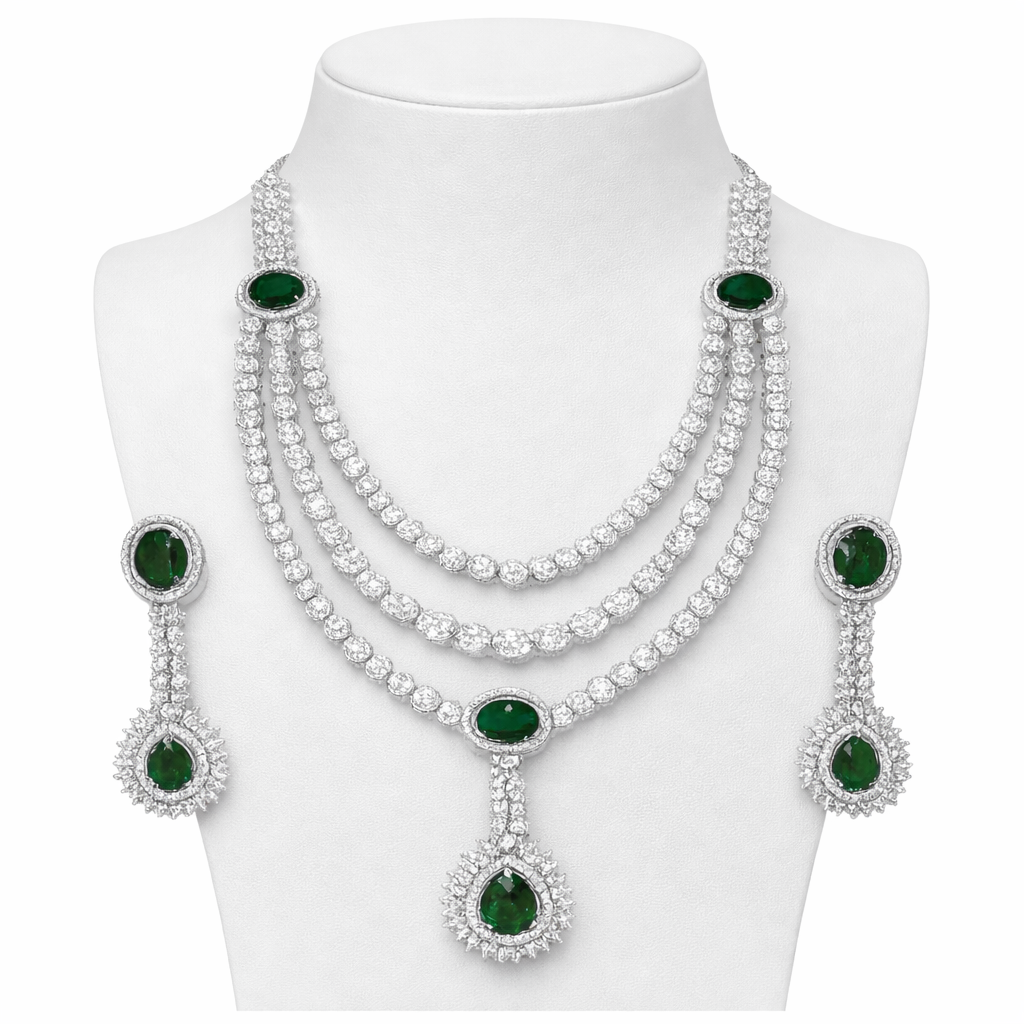 MIRANA Bertina emerald and white cubic zirconia triple-layered necklace set