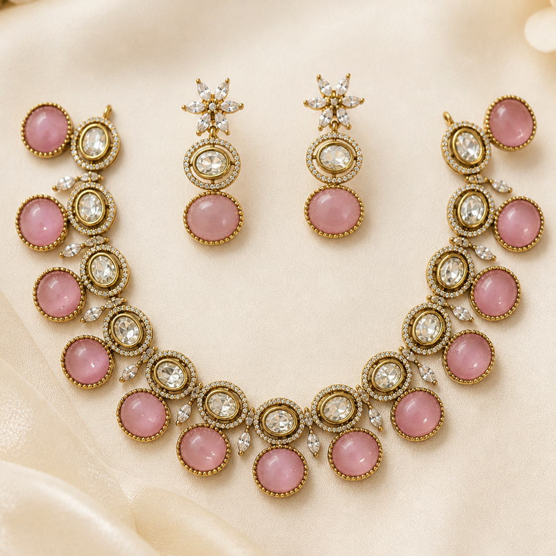 Pink Kundan & Austrain Diamonds Choker Necklace Earring & Ring Set For Women