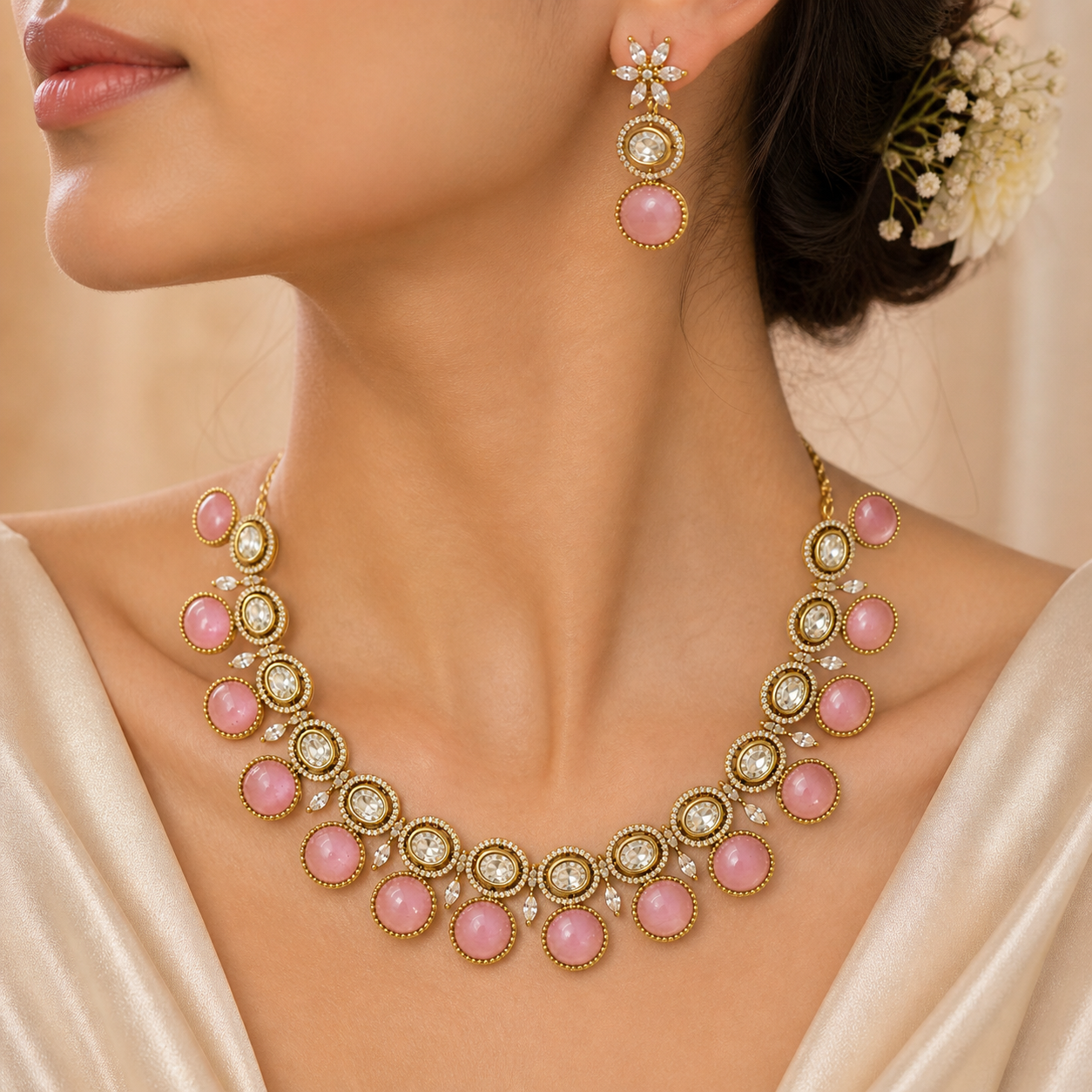 Pink Kundan & Austrain Diamonds Choker Necklace Earring & Ring Set For Women