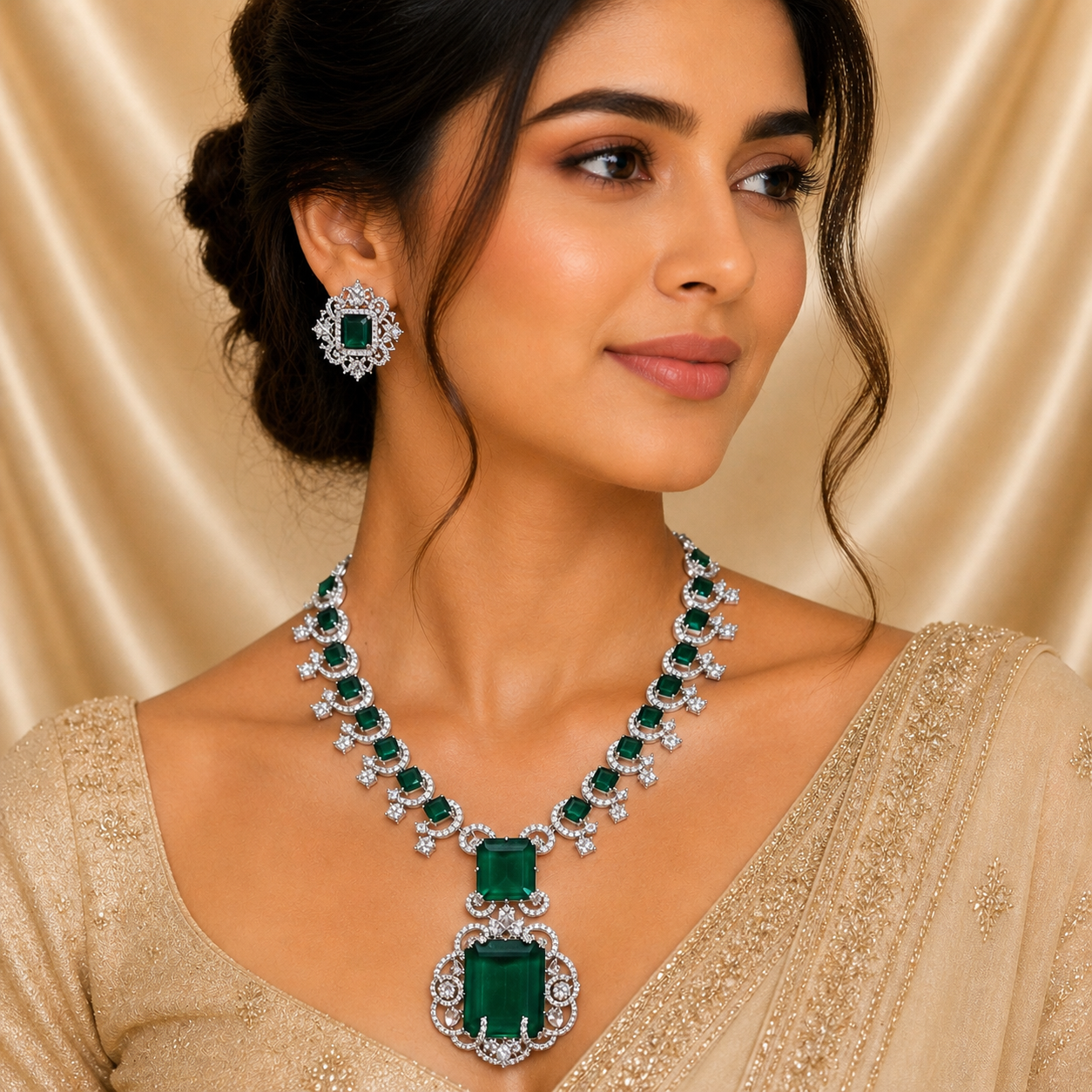 silver-toned emerald green necklace set