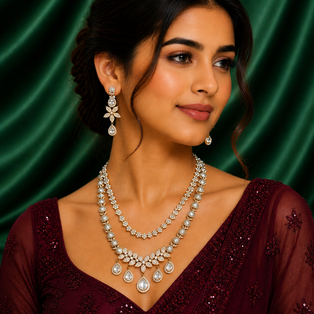 Rhodium Plated AD Stone Studded Necklace and Earrings