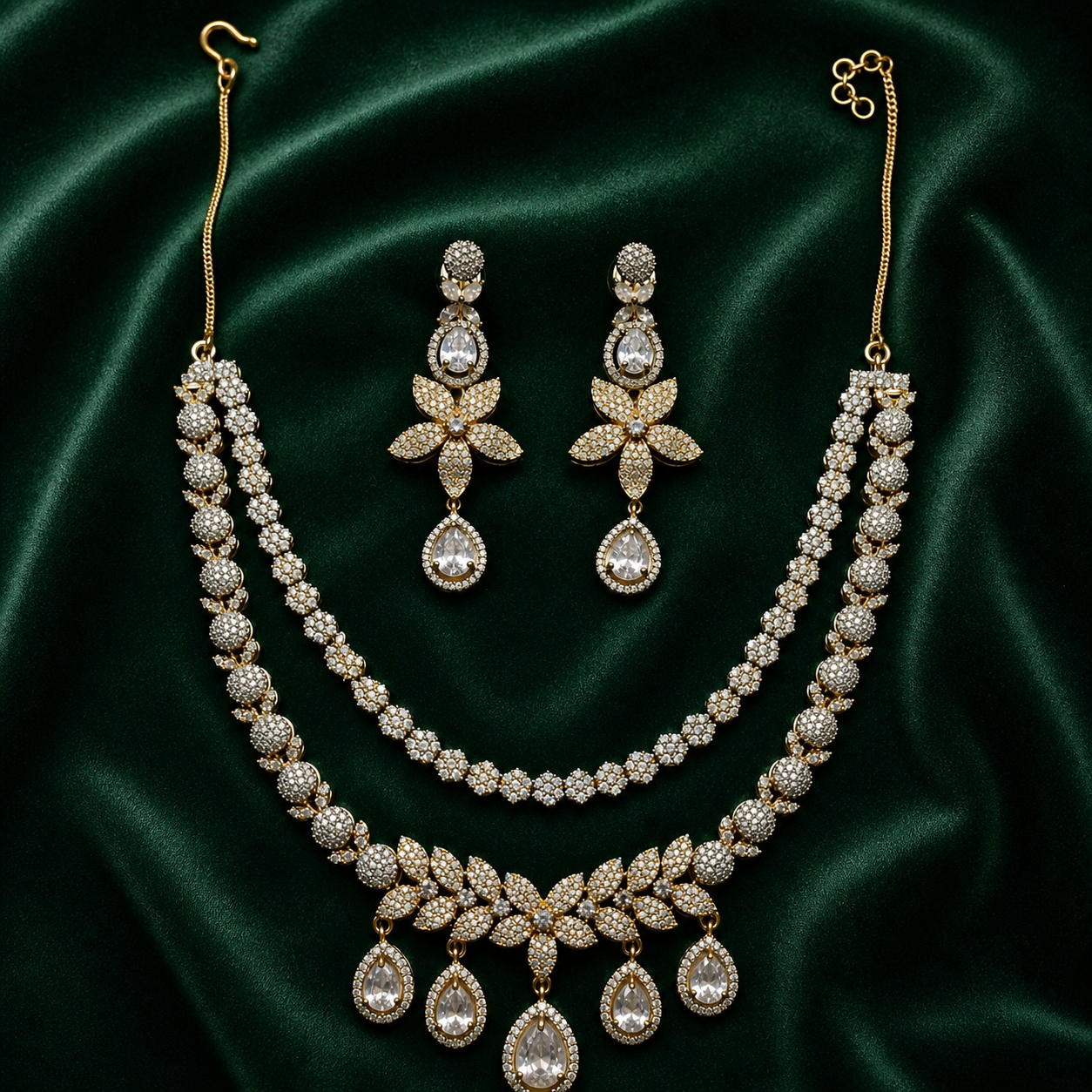 Rhodium Plated AD Stone Studded Necklace and Earrings