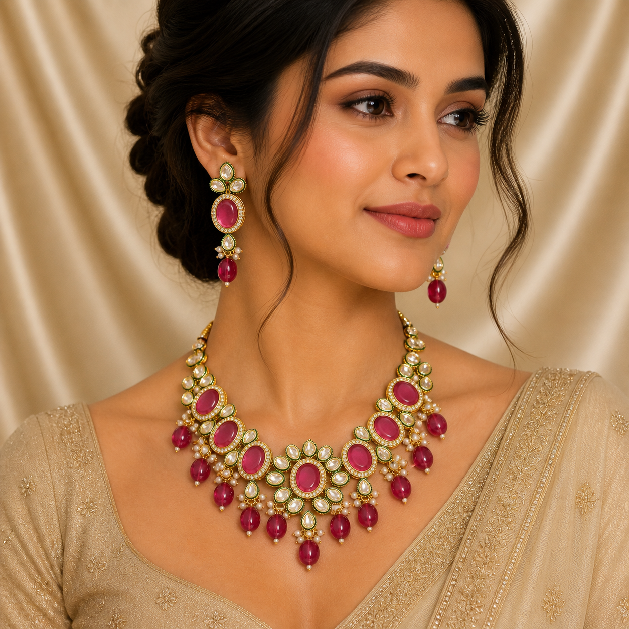 Peora Gold-Plated Kundan Necklace Jewellery Set featuring rani pink beads