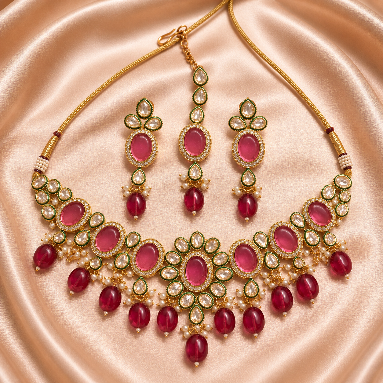 Peora Gold-Plated Kundan Necklace Jewellery Set featuring rani pink beads