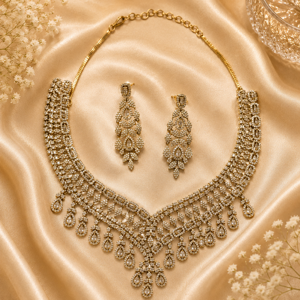 Nuyug Gold-Plated Brass Cubic Zirconia Drop Radiance Necklace & Earrings Set