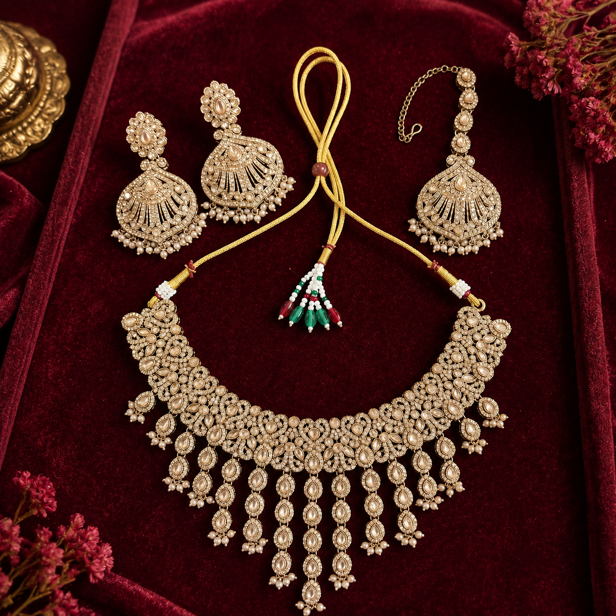 Zaveri Pearls Gold Tone Kundan Choker Necklace Earring Maangtikka Set