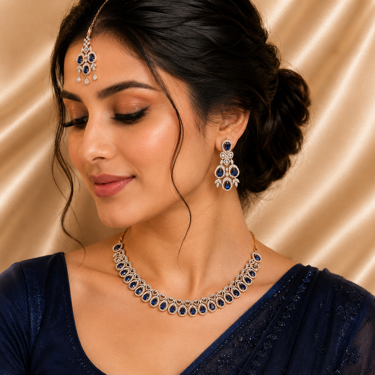 Royal BLUE Stone Artificial Necklace Set with Earrings & TIKA