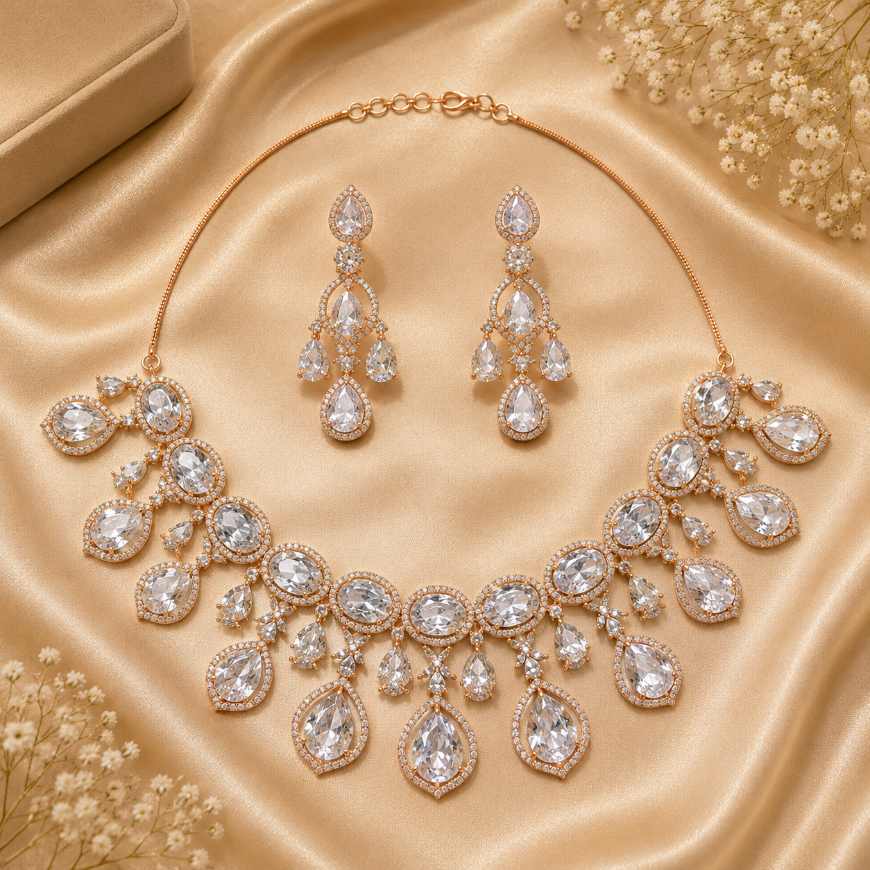 gold-plated necklace and matching teardrop earrings featuring moissanite stones and traditional kundan
