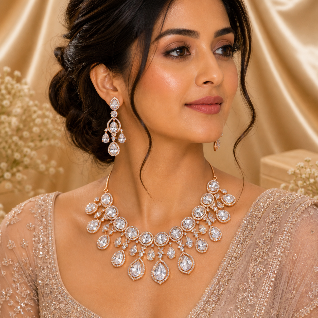 gold-plated necklace and matching teardrop earrings featuring moissanite stones and traditional kundan