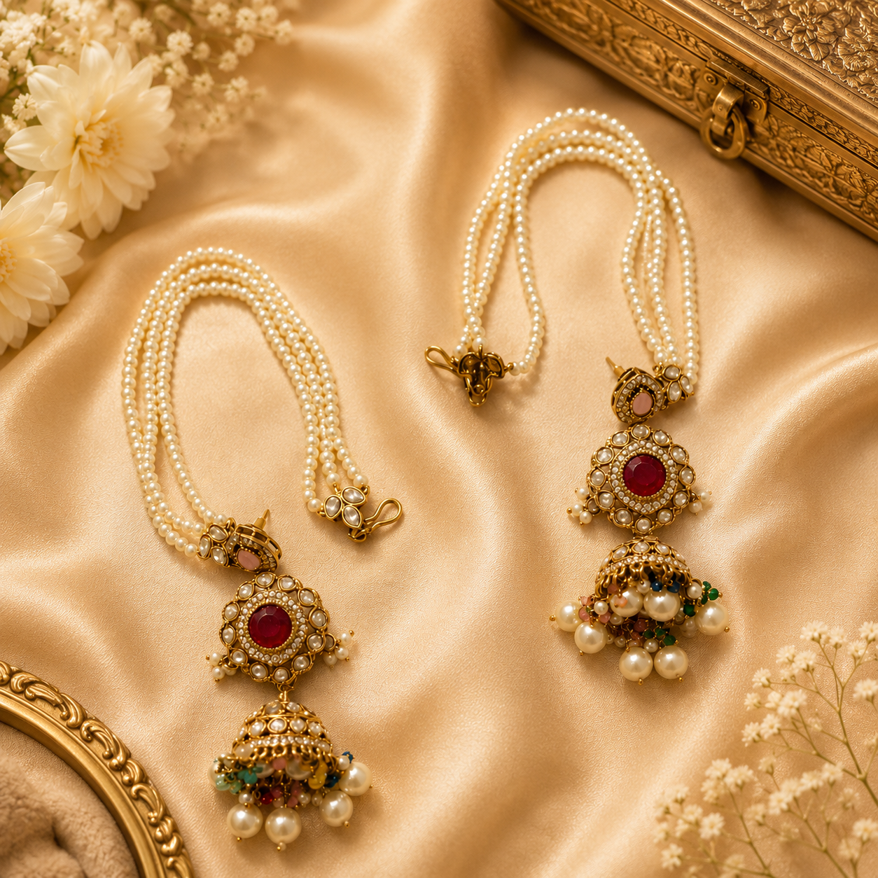 multi-color Rubans 22k gold-plated Navratna necklace set studded with Kundan stones