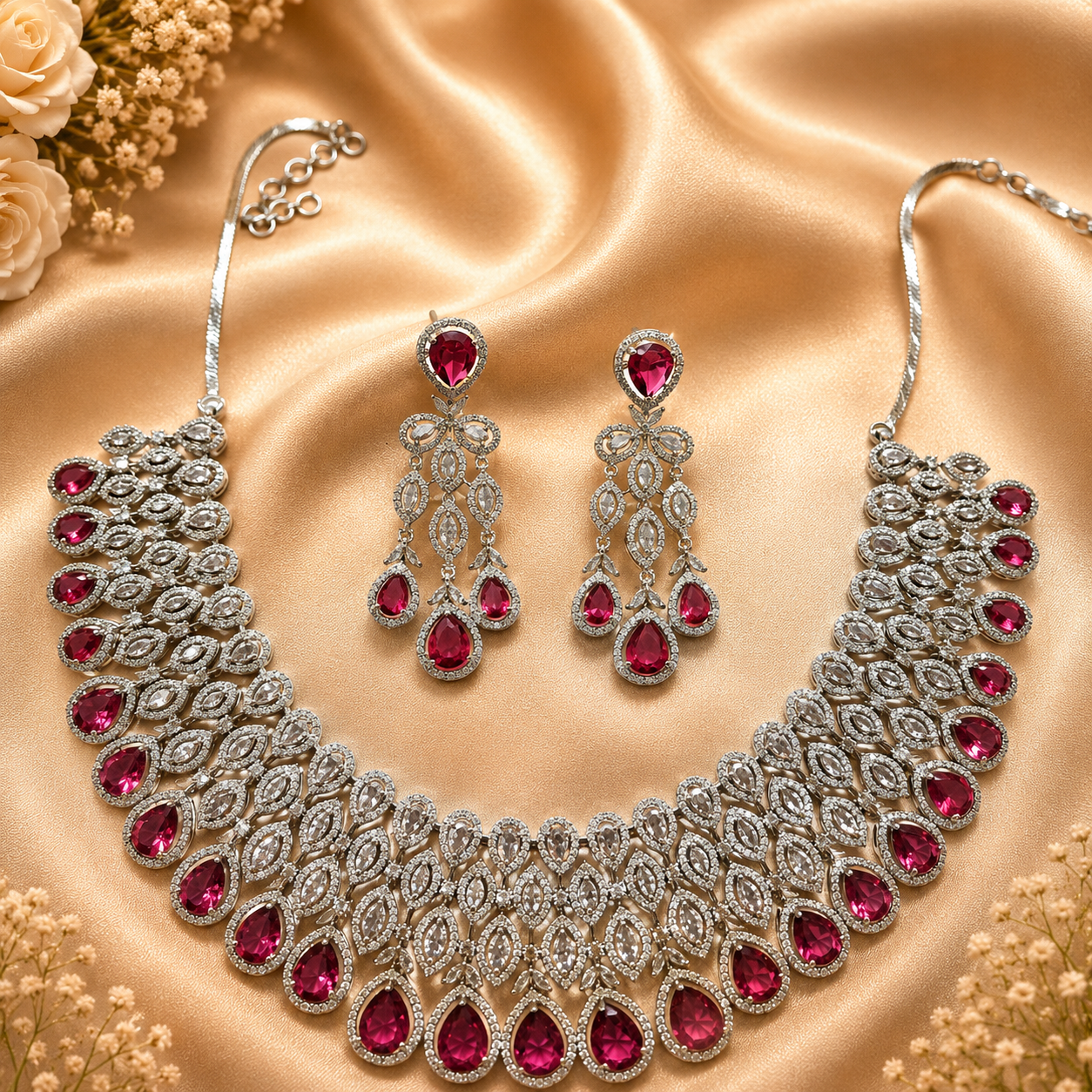 Madeena Ruby, Elegant Silver Finish Heavy Choker Necklace Set for Women