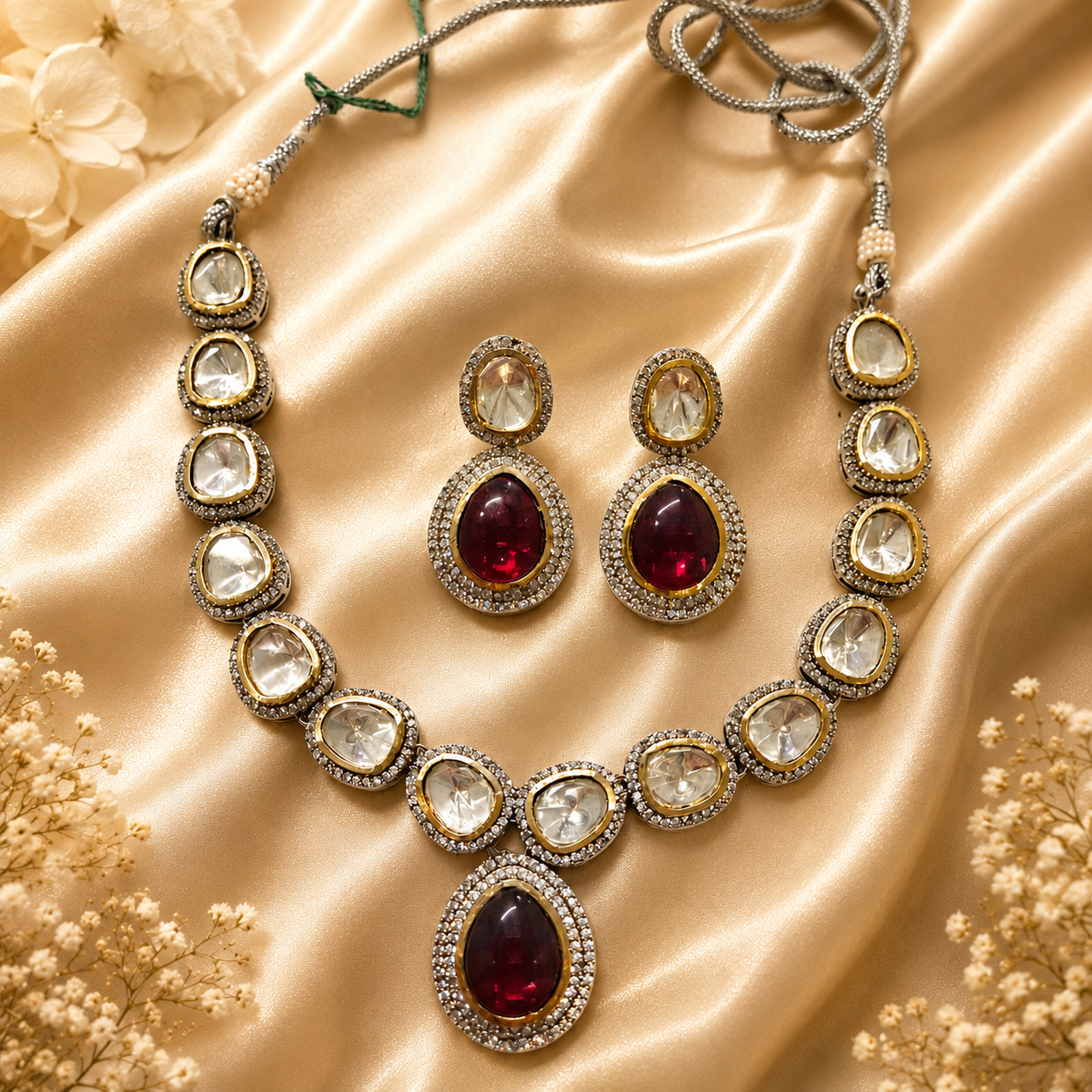 gold plated Roopmati kundan necklace set featuring maroon stones