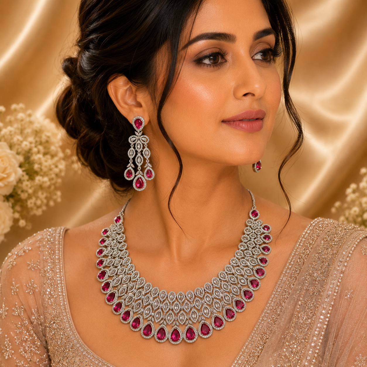 Madeena Ruby, Elegant Silver Finish Heavy Choker Necklace Set for Women