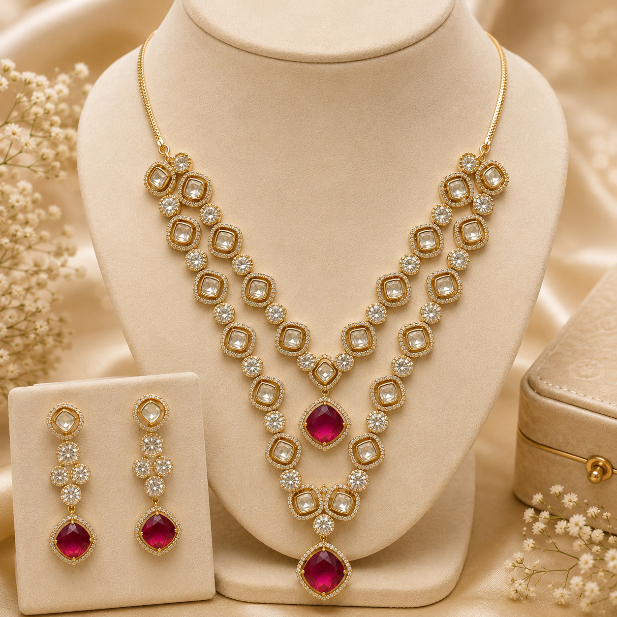 Trends layered necklace set in gold-tone metal with red ruby stones