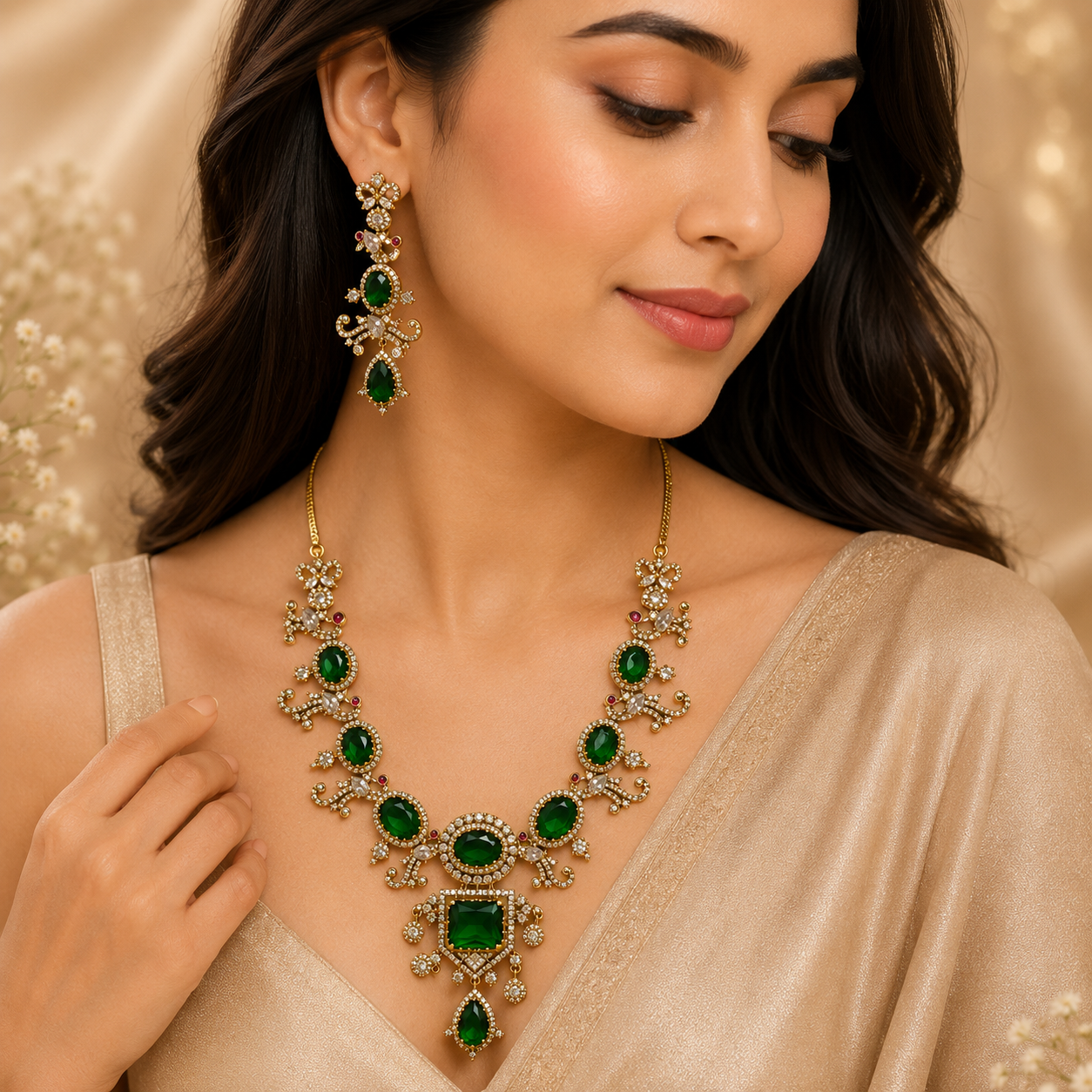 Kayrah gold-plated emerald green cubic zirconia necklace set