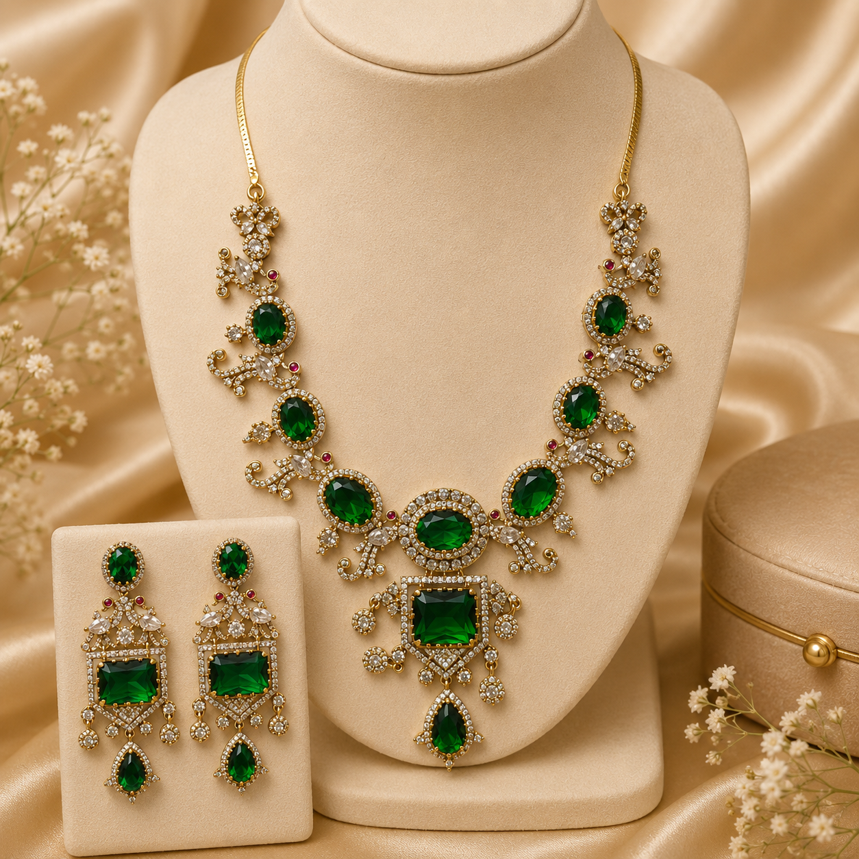 Kayrah gold-plated emerald green cubic zirconia necklace set