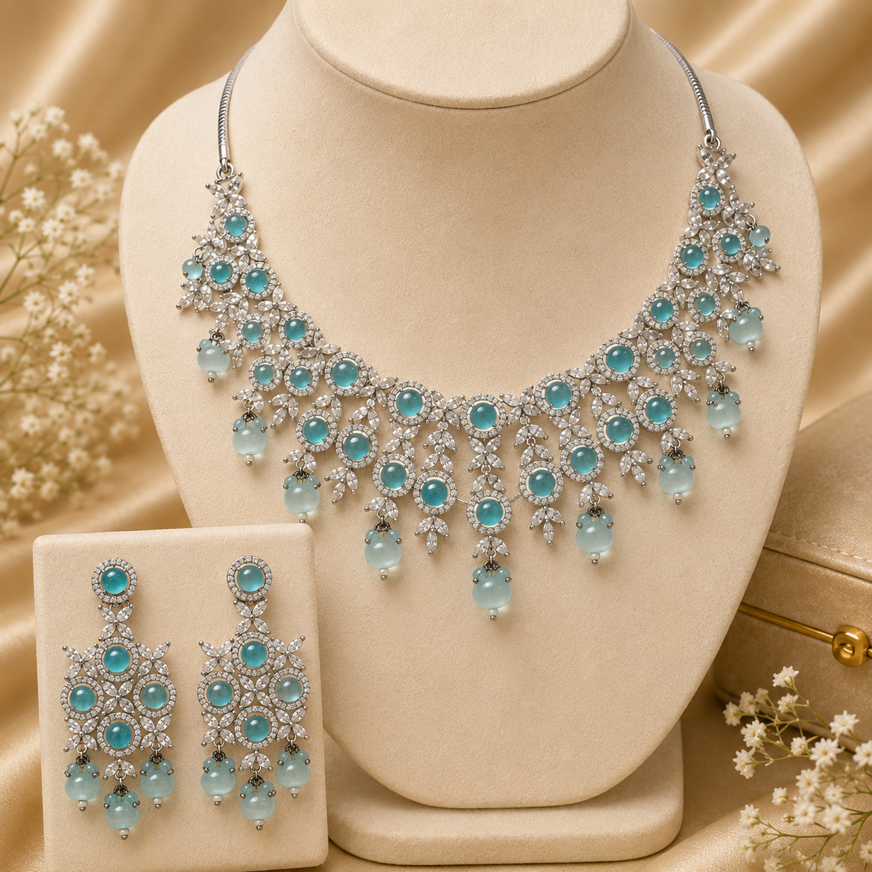 Lucky Jewellery Silver-Tone Turquoise and American Diamond Necklace