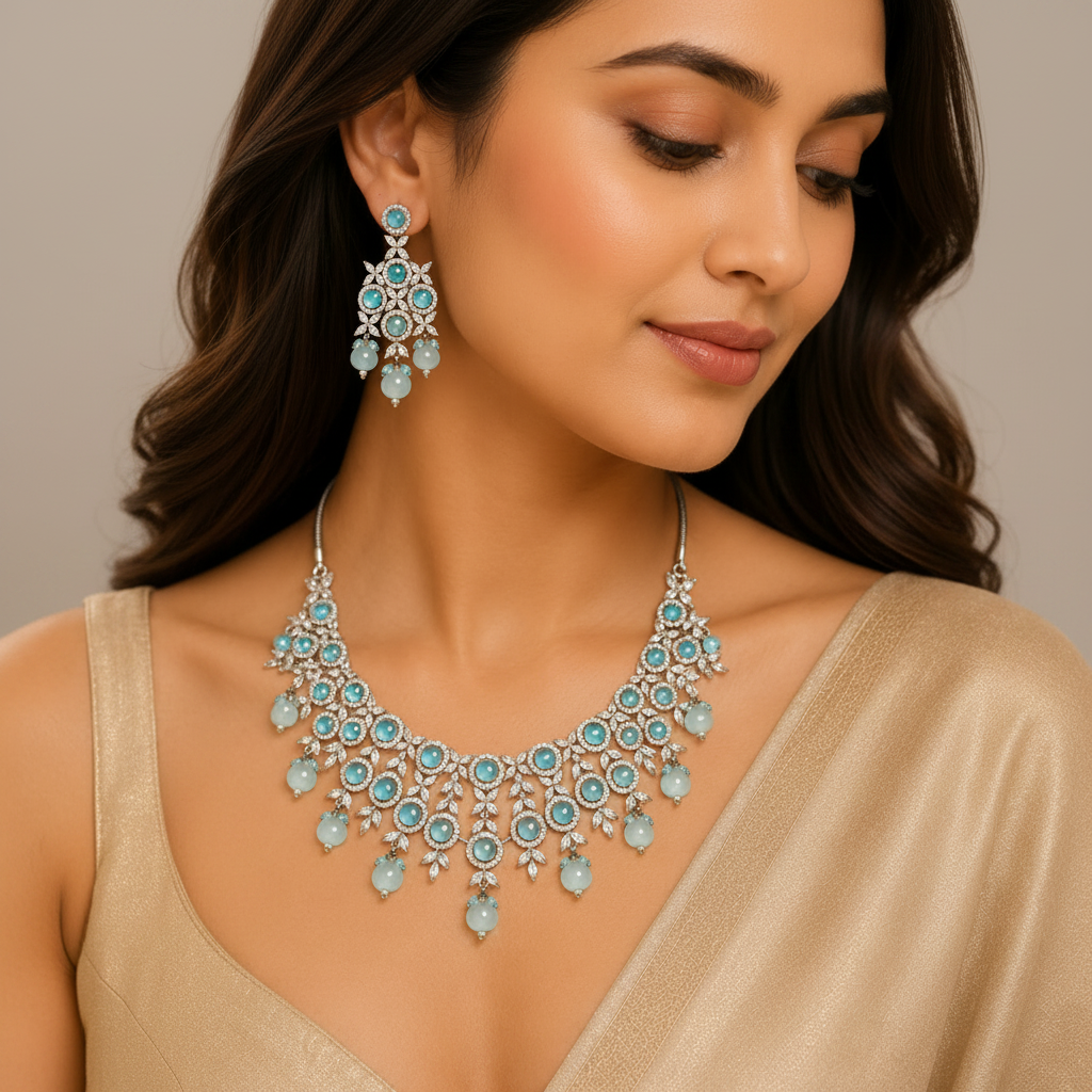 Lucky Jewellery Silver-Tone Turquoise and American Diamond Necklace
