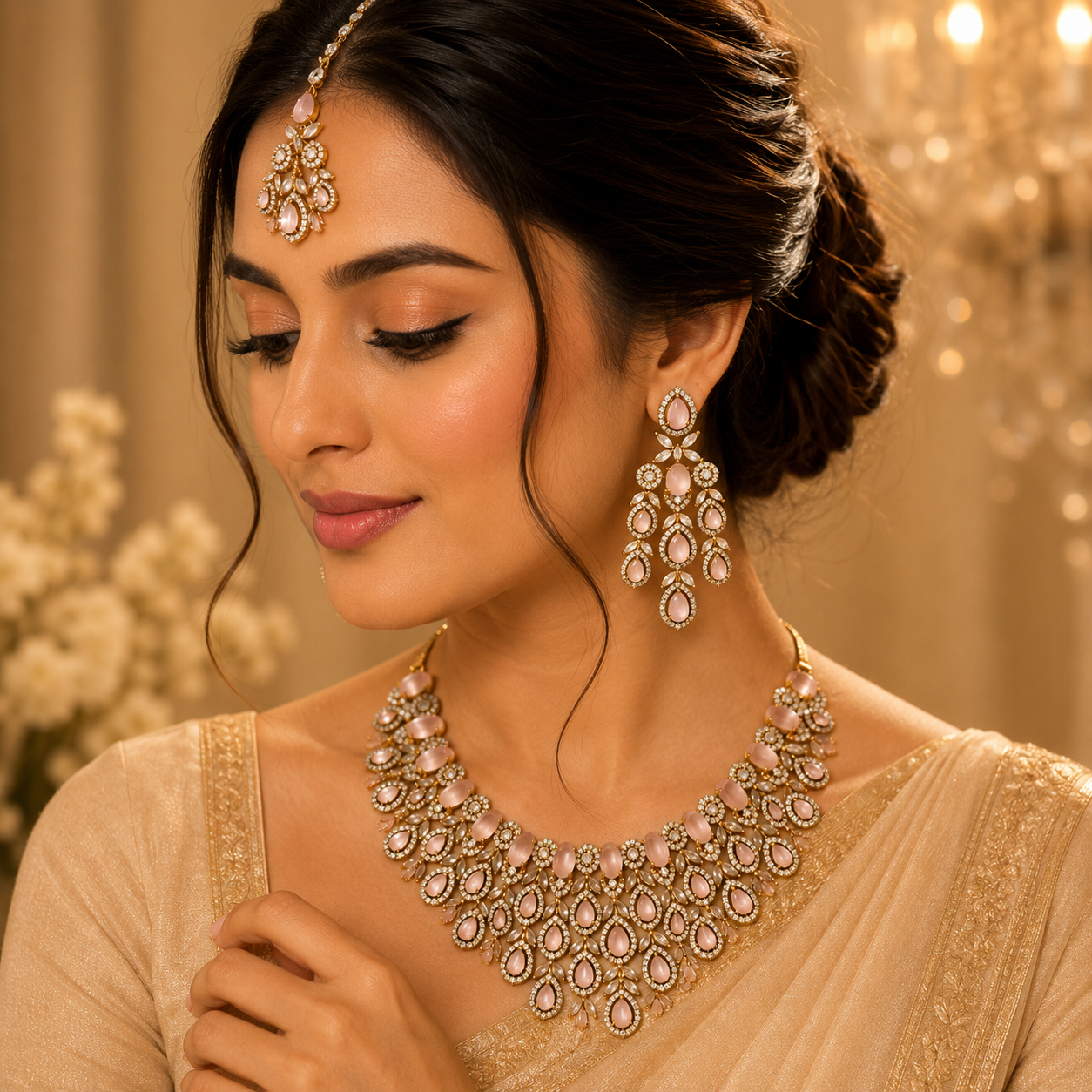 Peach Colored Kundan Polki Bridal Jewelry
