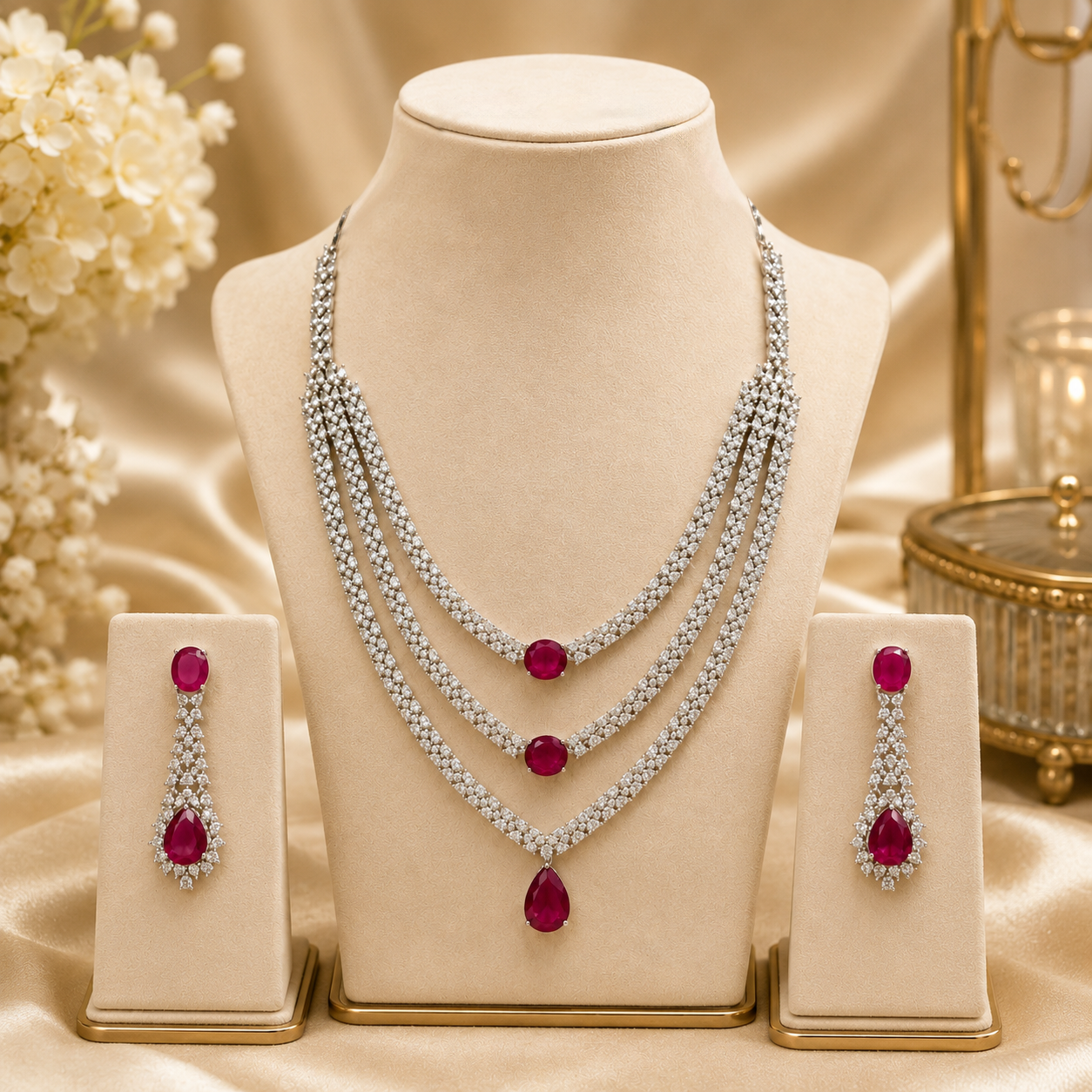PRERTO Red Stones Embellished 3-Layer Necklace Set