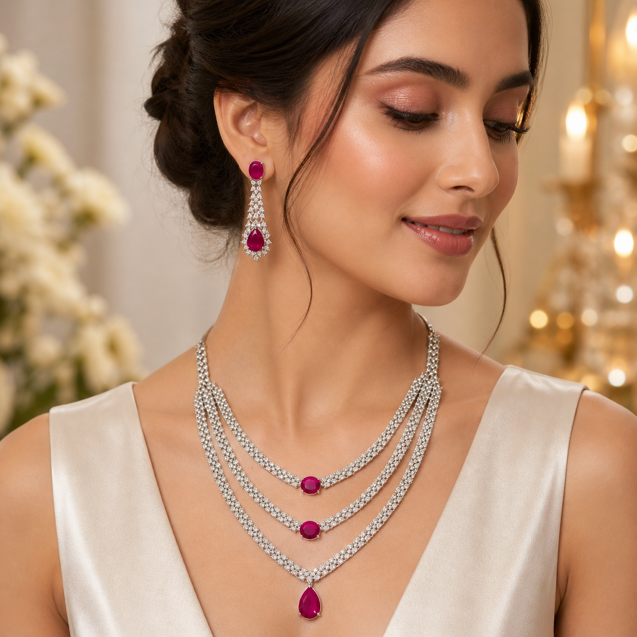 PRERTO Red Stones Embellished 3-Layer Necklace Set