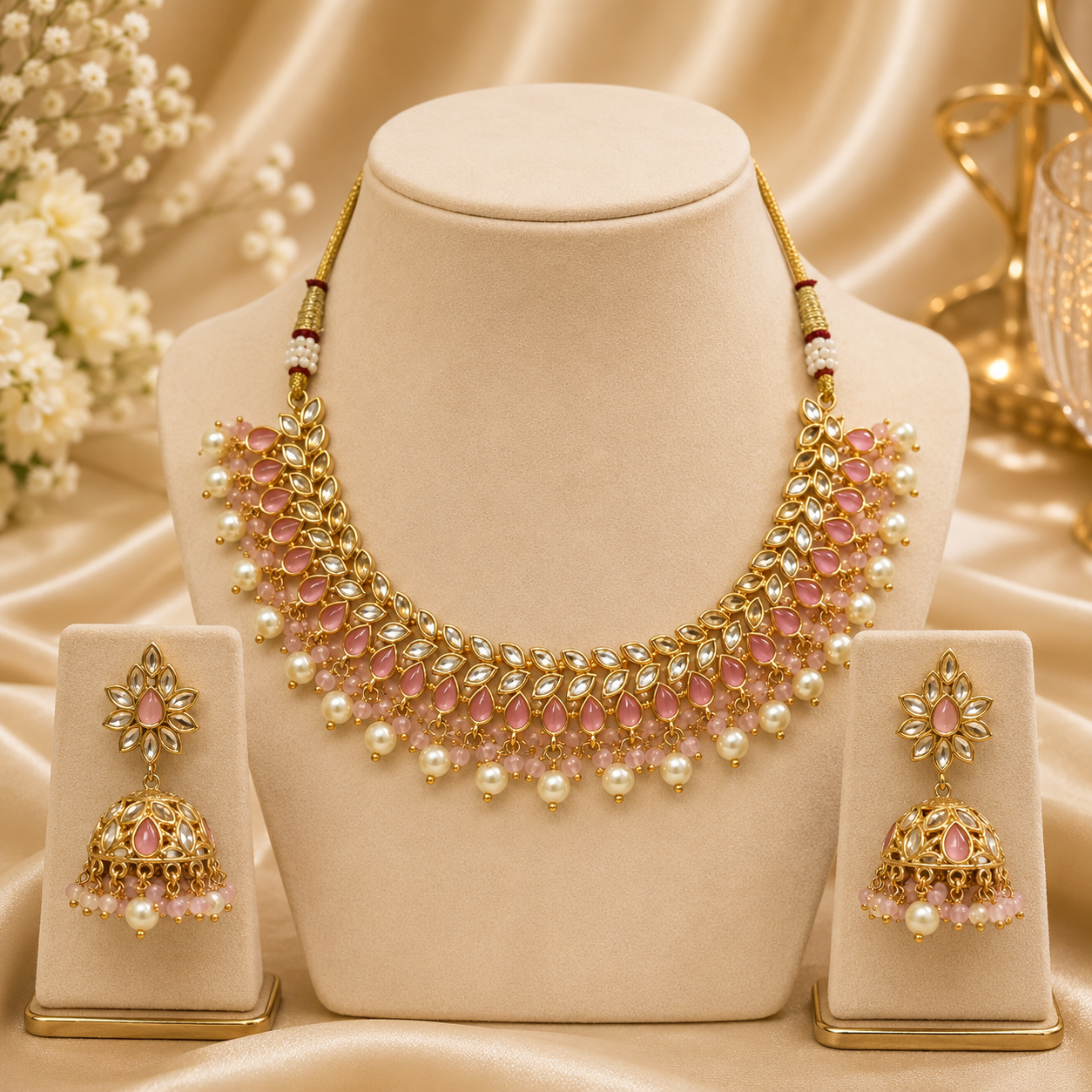 Gold-Plated Ruby Pink Stones. Cubic Zirconia & Pearl Drops Necklace Set