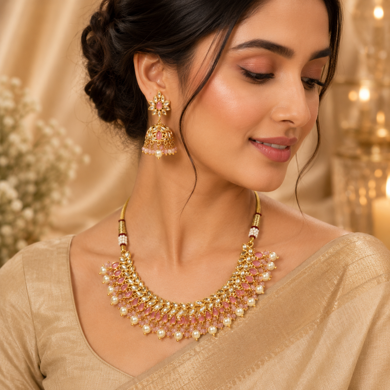 Gold-Plated Ruby Pink Stones. Cubic Zirconia & Pearl Drops Necklace Set