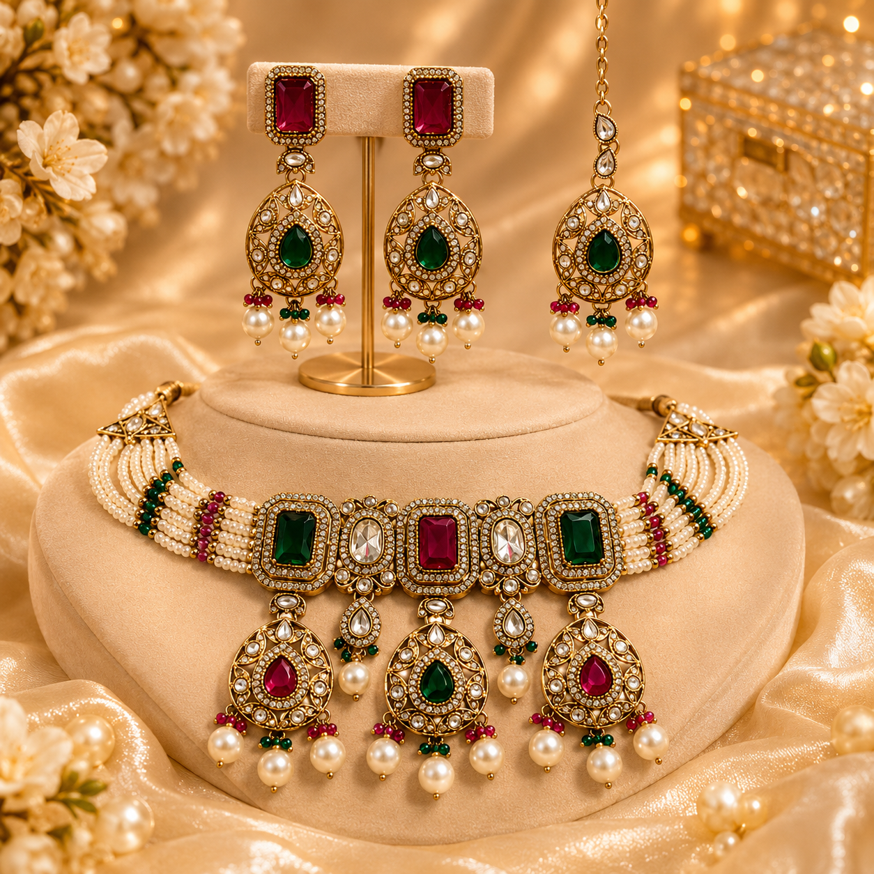 Gold Finish Multi-Colored Stone & Kundan Polki Necklace Set