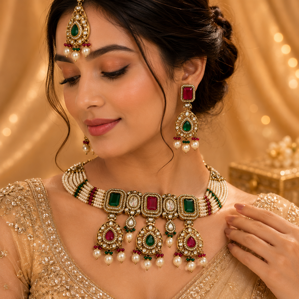 Gold Finish Multi-Colored Stone & Kundan Polki Necklace Set