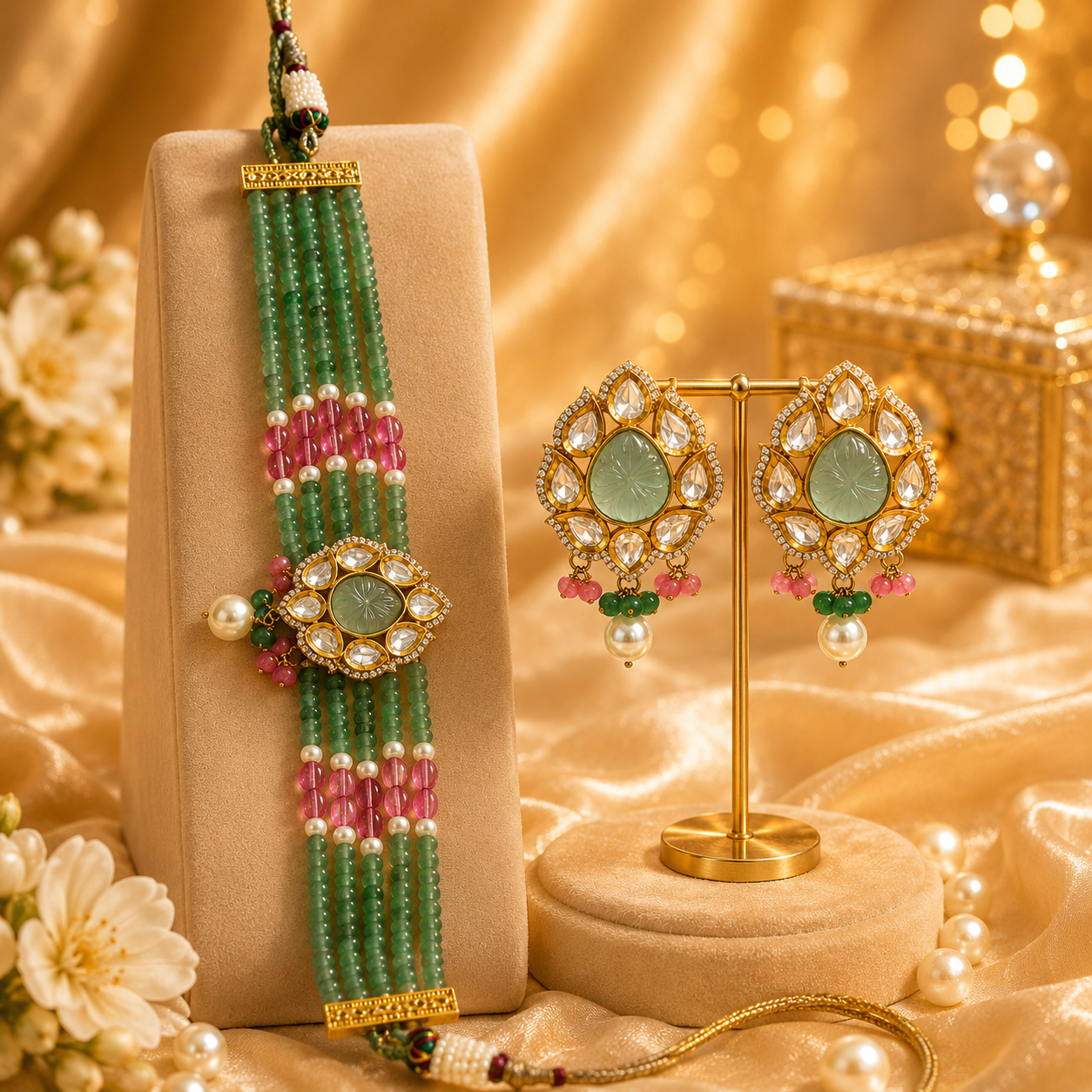 Polki Kundan Pastel Beaded Choker Set