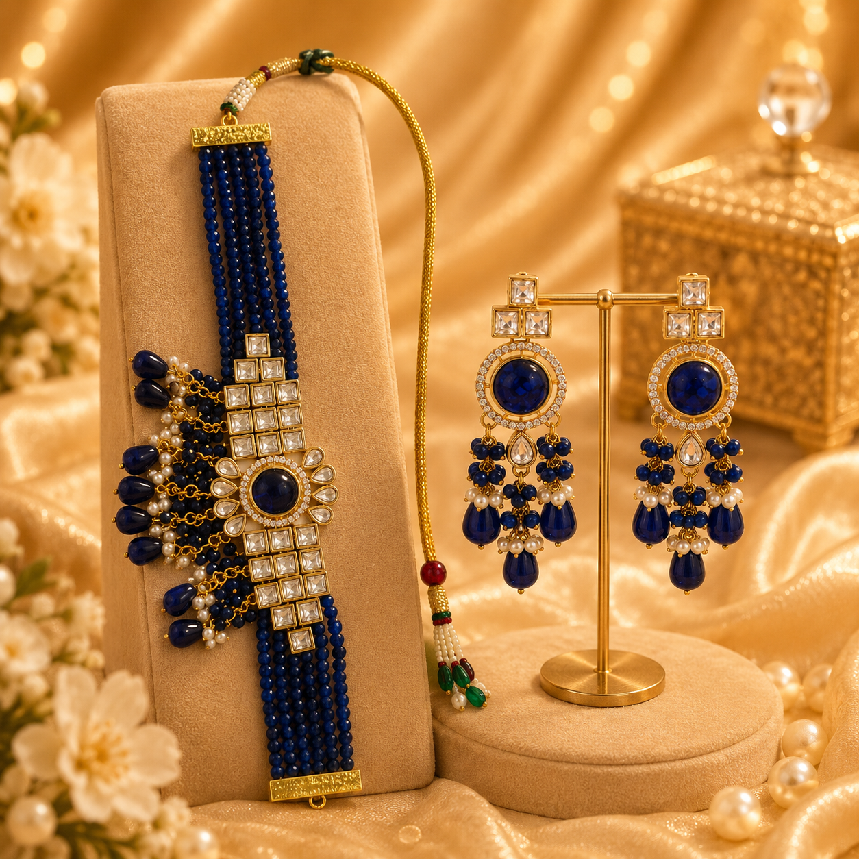 Blue and Gold Kundan Multistrand Choker Necklace with Matching Earrings