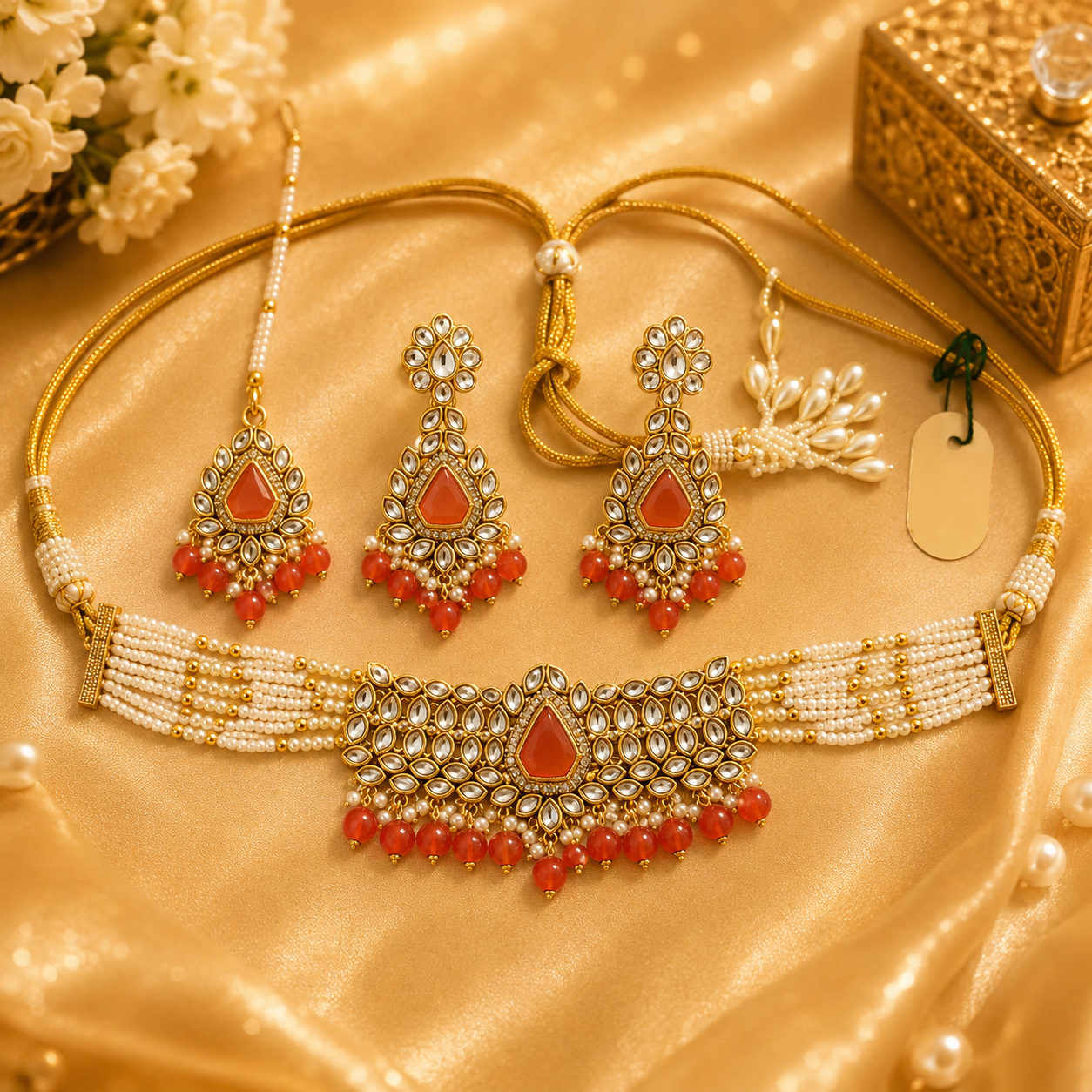 Peora Gold - Palted Brass Choker Necklace and Earring Set