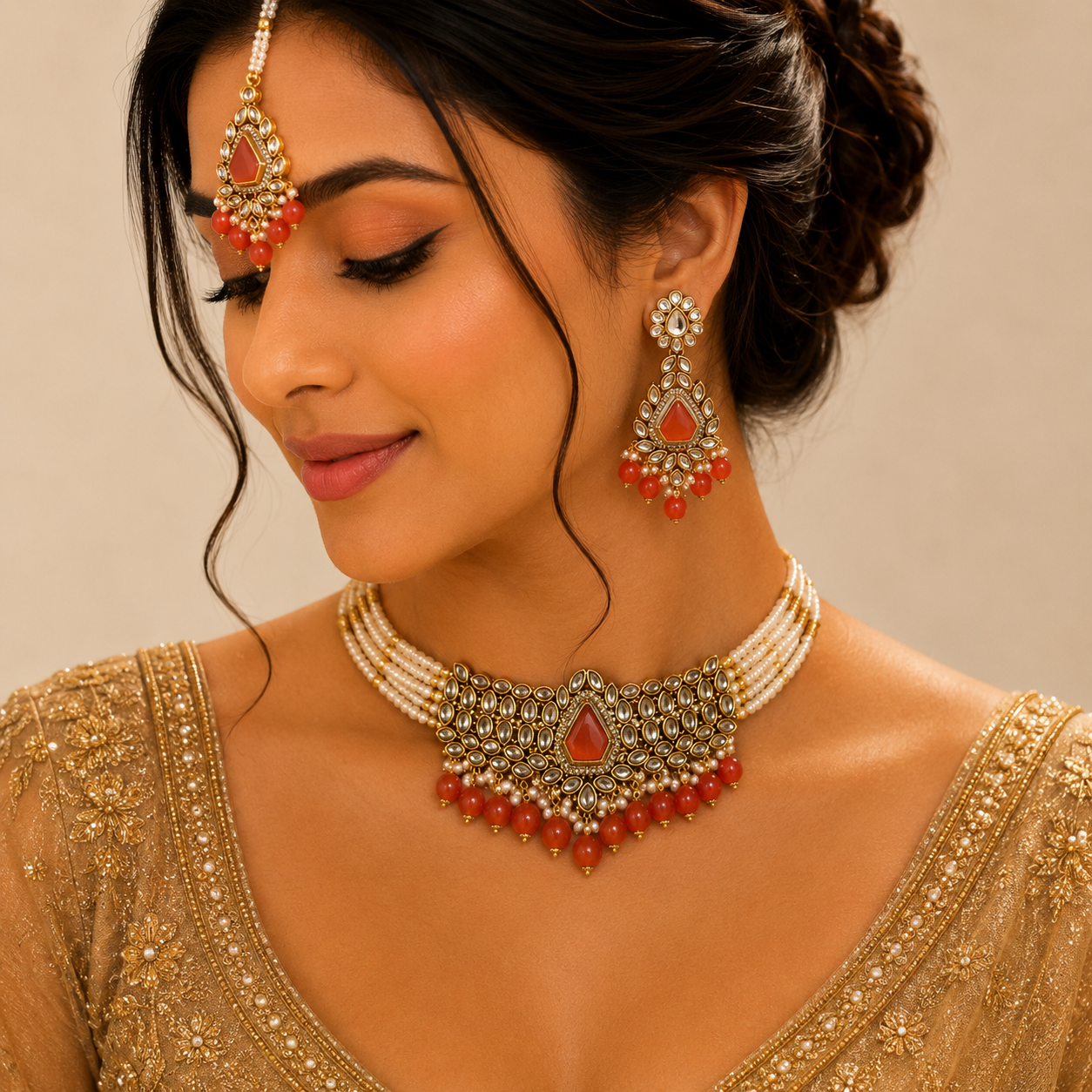 Peora Gold - Palted Brass Choker Necklace and Earring Set