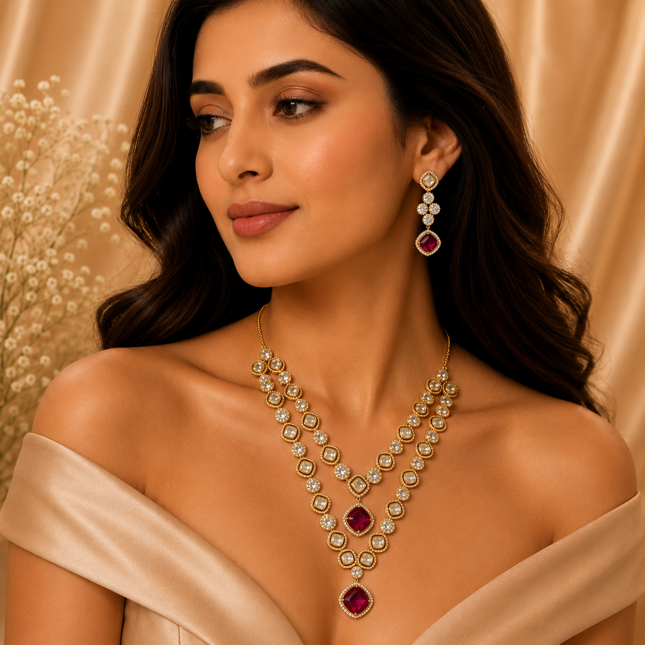Trends layered necklace set in gold-tone metal with red ruby stones