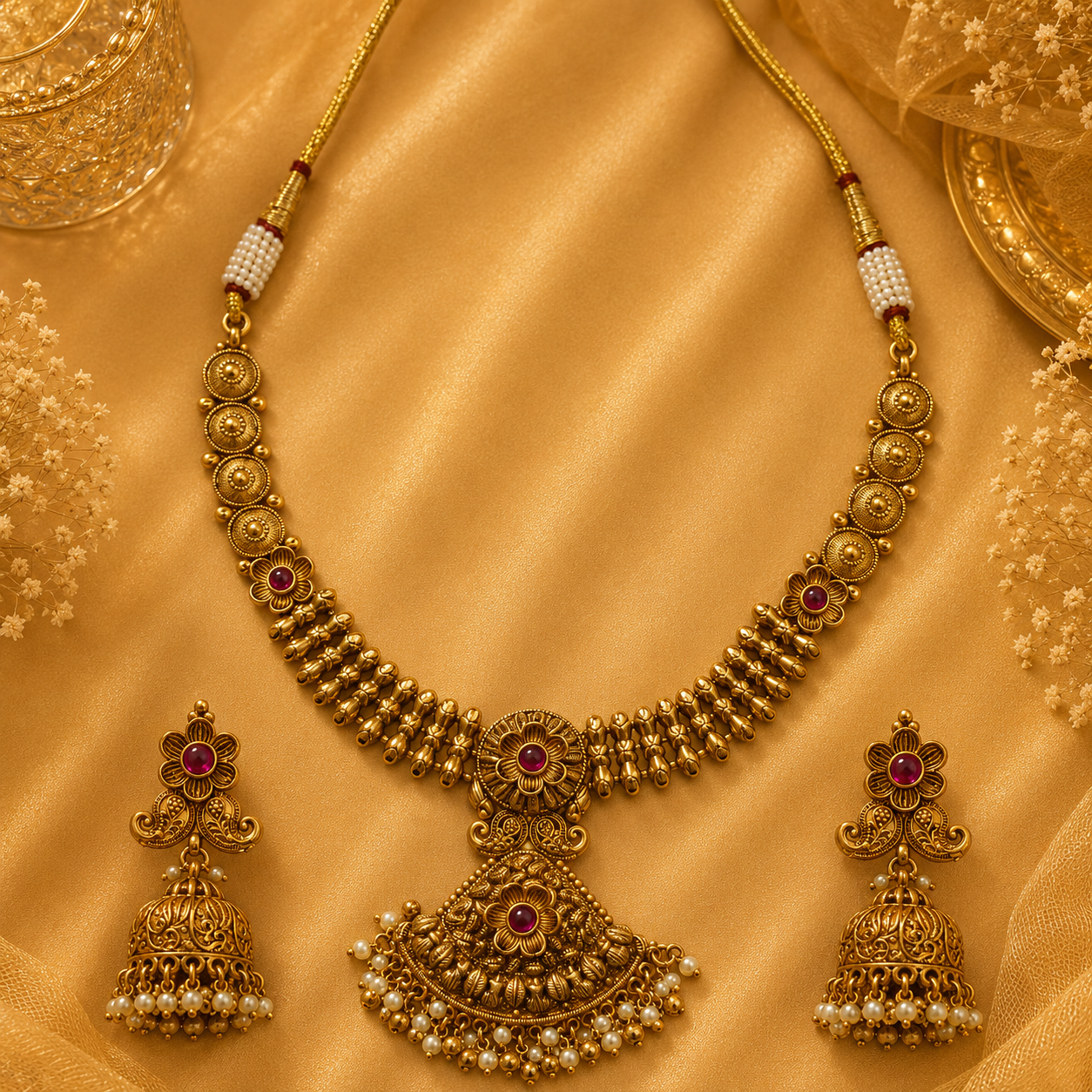 Kushal's Jewellery Ruby Gold Plated Antique Necklace Set with Jhumka Earrings