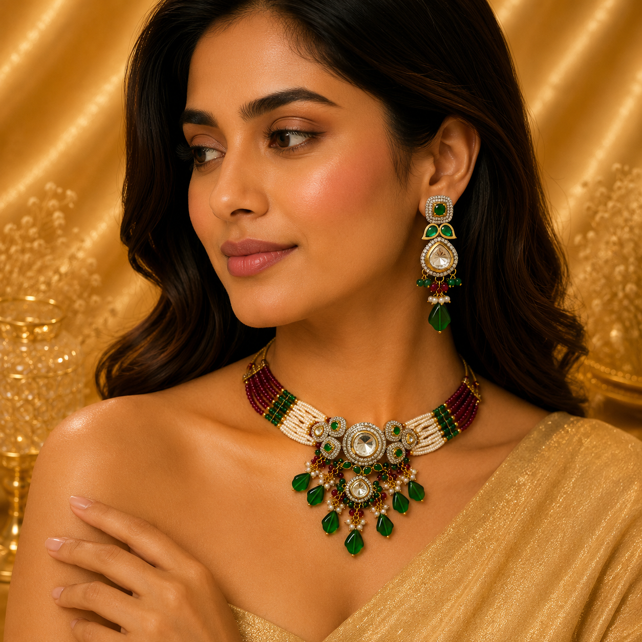 Premium Kundan and Emerald Choker Nacklace