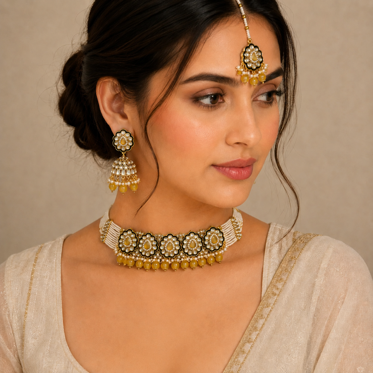 Kundan Studded Choker Necklace Earrings Maang Tikka
