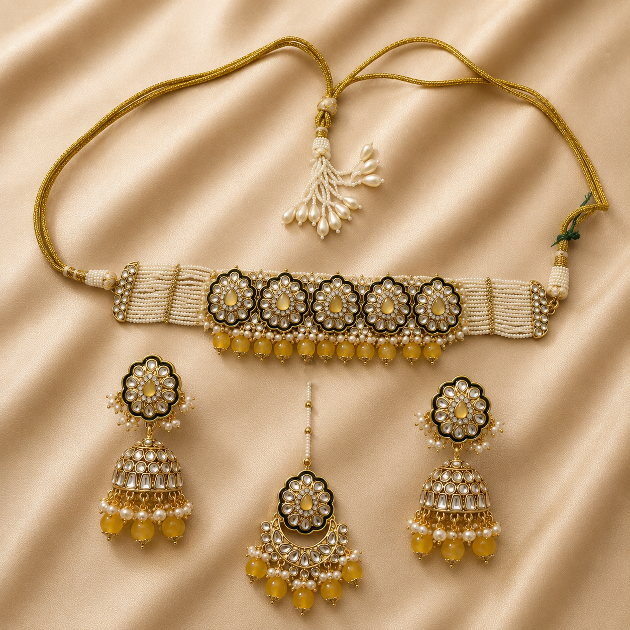 Kundan Studded Choker Necklace Earrings Maang Tikka